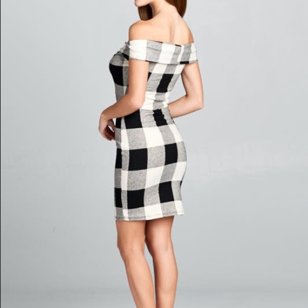 White Buffalo Plaid Checkered Off Shoulder Dress - Picture 4 of 6